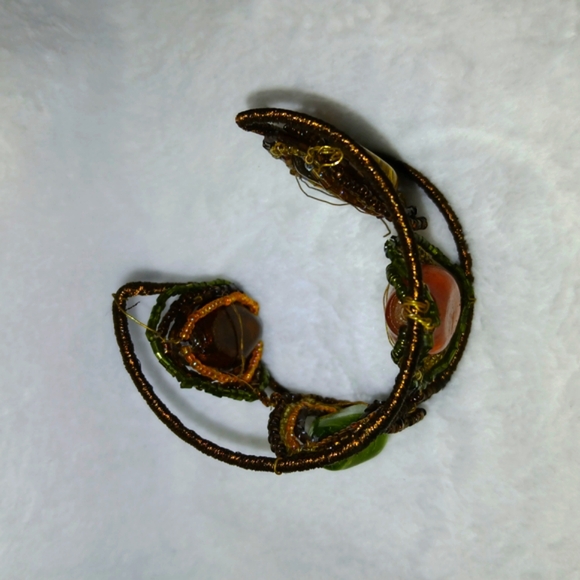 Handcrafted African Orange, Brown, Yellow and Green Wire Bracelet - Picture 4 of 4